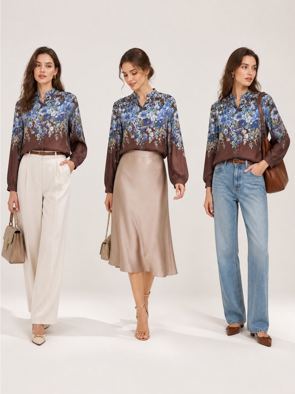 NWOT A.K.A Posh Brown Blouse with Blue Floral Print Size M - Picture 3 of 11